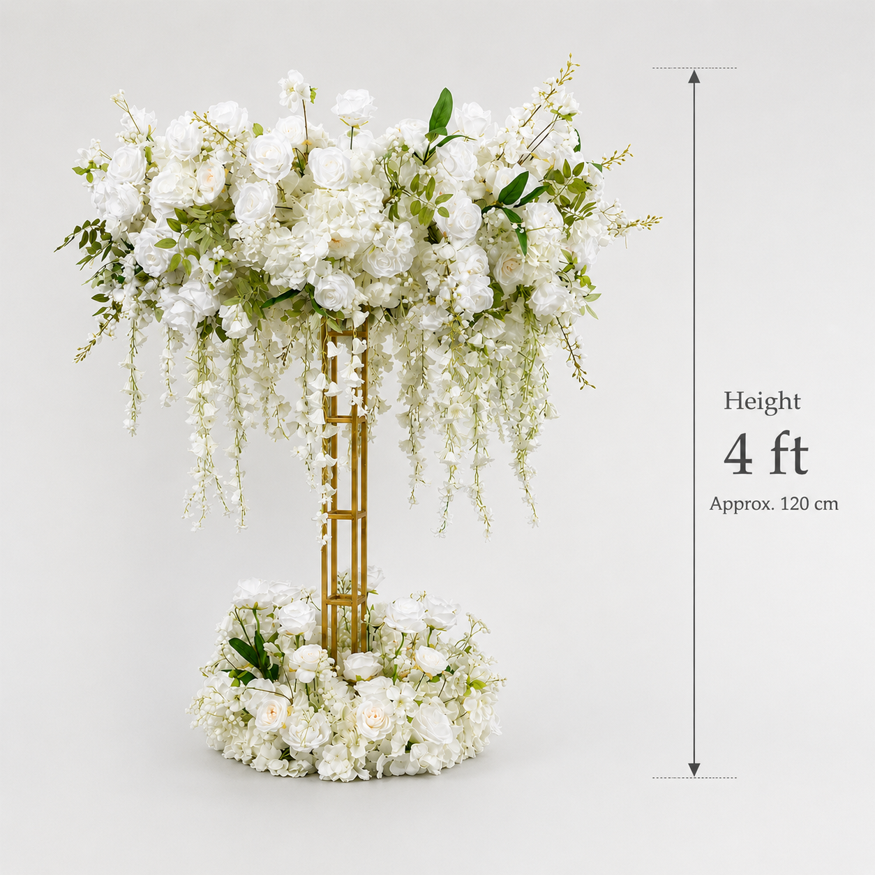 Ivory White Artificial Flower Table Centerpiece Set for Use with 4 ft Stand, Faux Rose Hydrangea Topper and Base with Cascading Hanging Flowers, Wedding Reception Decor, Stand Not Included