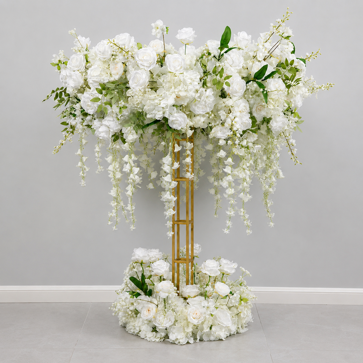 Ivory White Artificial Flower Table Centerpiece Set for Use with 4 ft Stand, Faux Rose Hydrangea Topper and Base with Cascading Hanging Flowers, Wedding Reception Decor, Stand Not Included