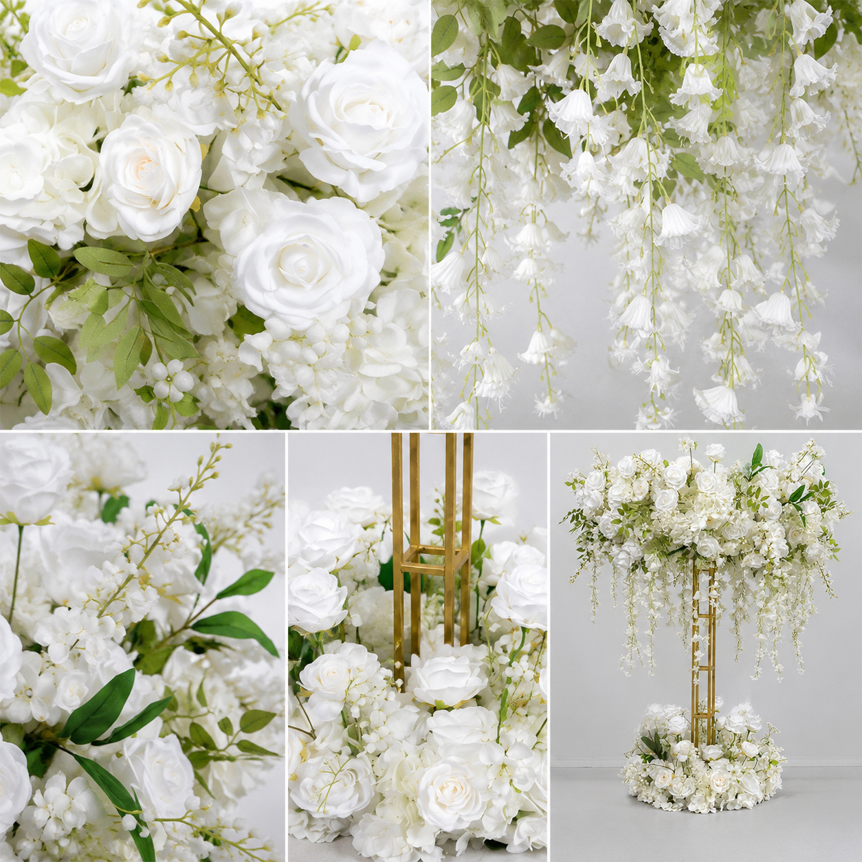Ivory White Artificial Flower Table Centerpiece Set for Use with 4 ft Stand, Faux Rose Hydrangea Topper and Base with Cascading Hanging Flowers, Wedding Reception Decor, Stand Not Included