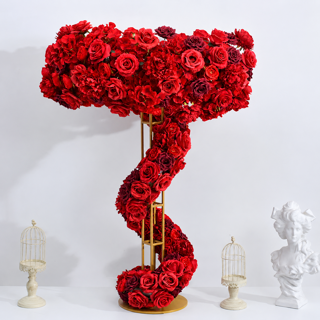 Deep Red Spiral Faux Floral Centerpiece for 4 ft Stand, No Stand