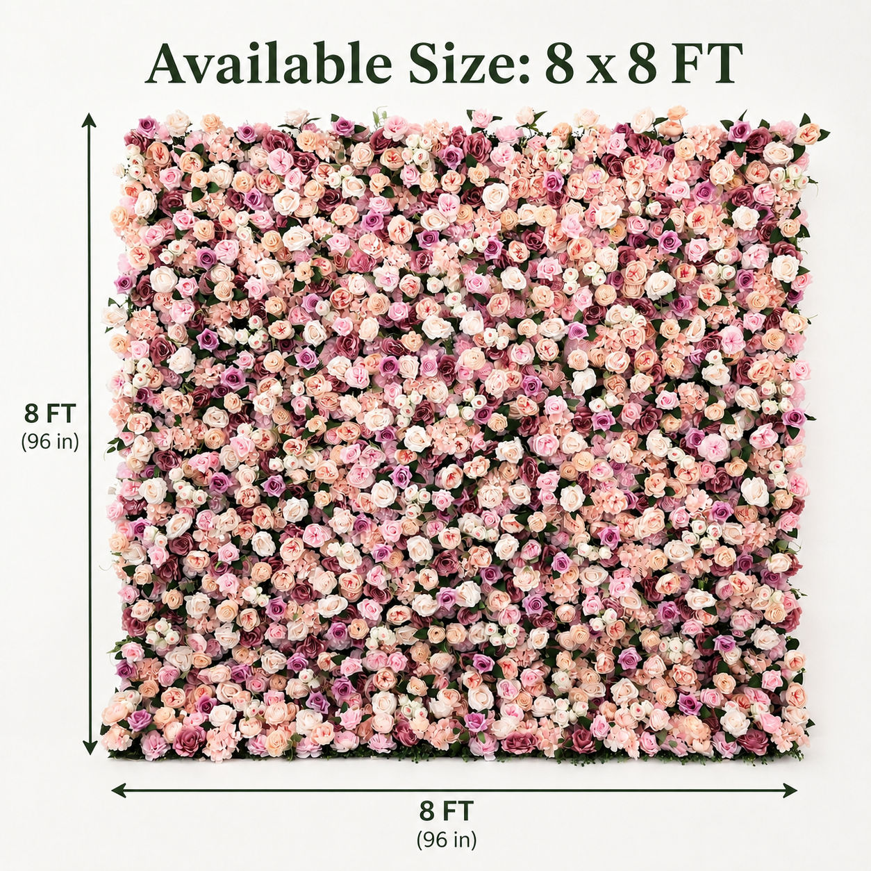 Artificial Pink Rose Flower Wall Backdrop with Greenery, Foldable Faux Floral Panels for Wedding Baby Shower Bridal Shower Birthday Party Photo Booth Decor, Stand Not Included, 4 x 8ft 8 x 8ft 10 x10 ft