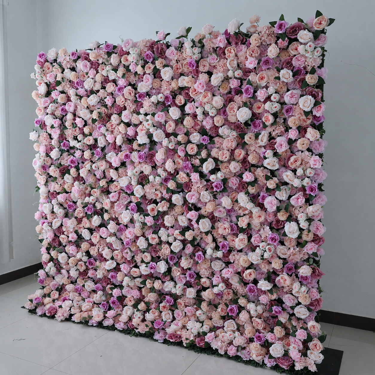 Artificial Pink Rose Flower Wall Backdrop with Greenery, Foldable Faux Floral Panels for Wedding Baby Shower Bridal Shower Birthday Party Photo Booth Decor, Stand Not Included, 10 x 10 ft