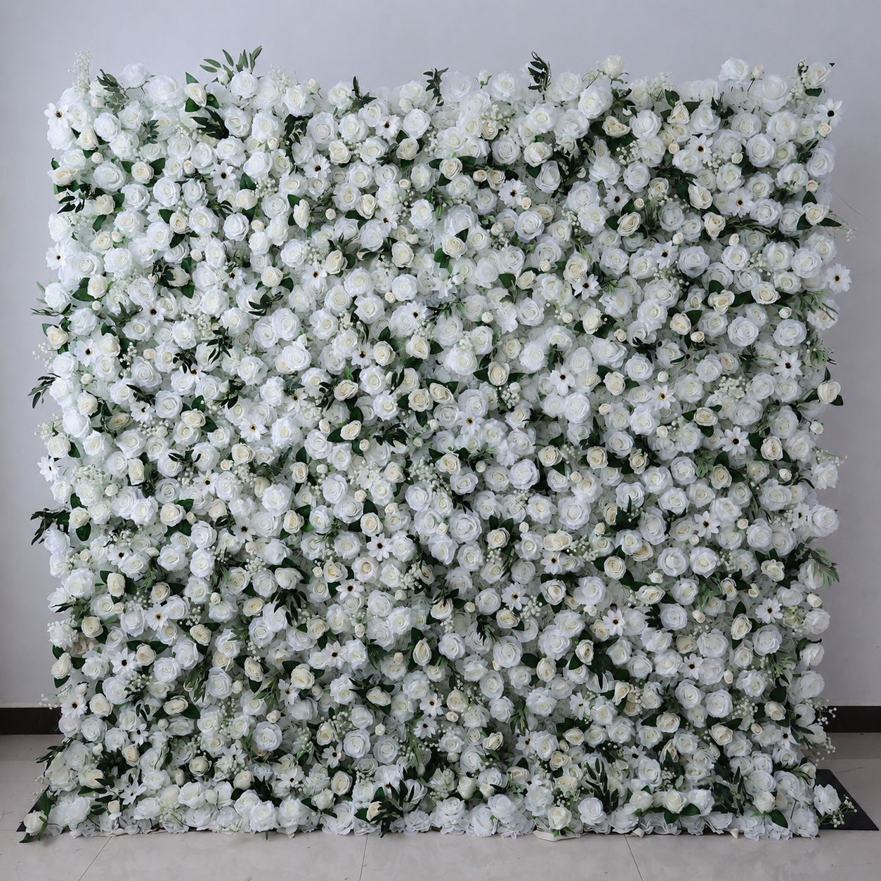 Artificial White Rose Flower Wall Backdrop with Greenery, Faux Floral Wall Panels for Wedding Baby Shower Bridal Shower Birthday Party Photo Booth Decor, Stand Not Included, 10x 10ft