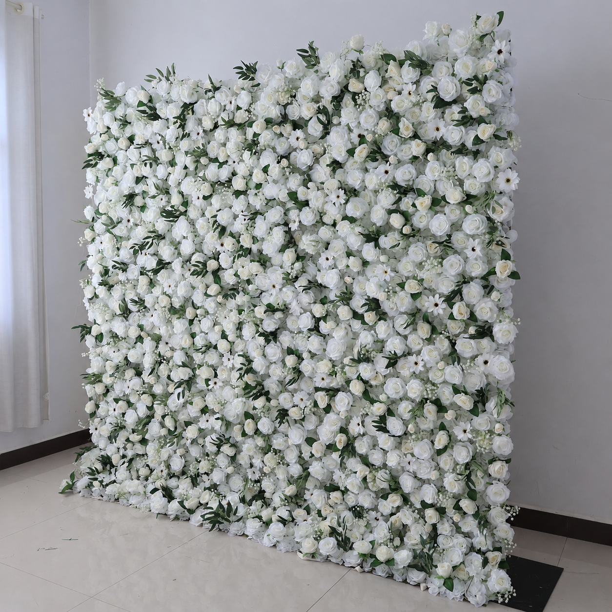 Artificial White Rose Flower Wall Backdrop with Greenery, Faux Floral Wall Panels for Wedding Baby Shower Bridal Shower Birthday Party Photo Booth Decor, Stand Not Included, 10x 10ft