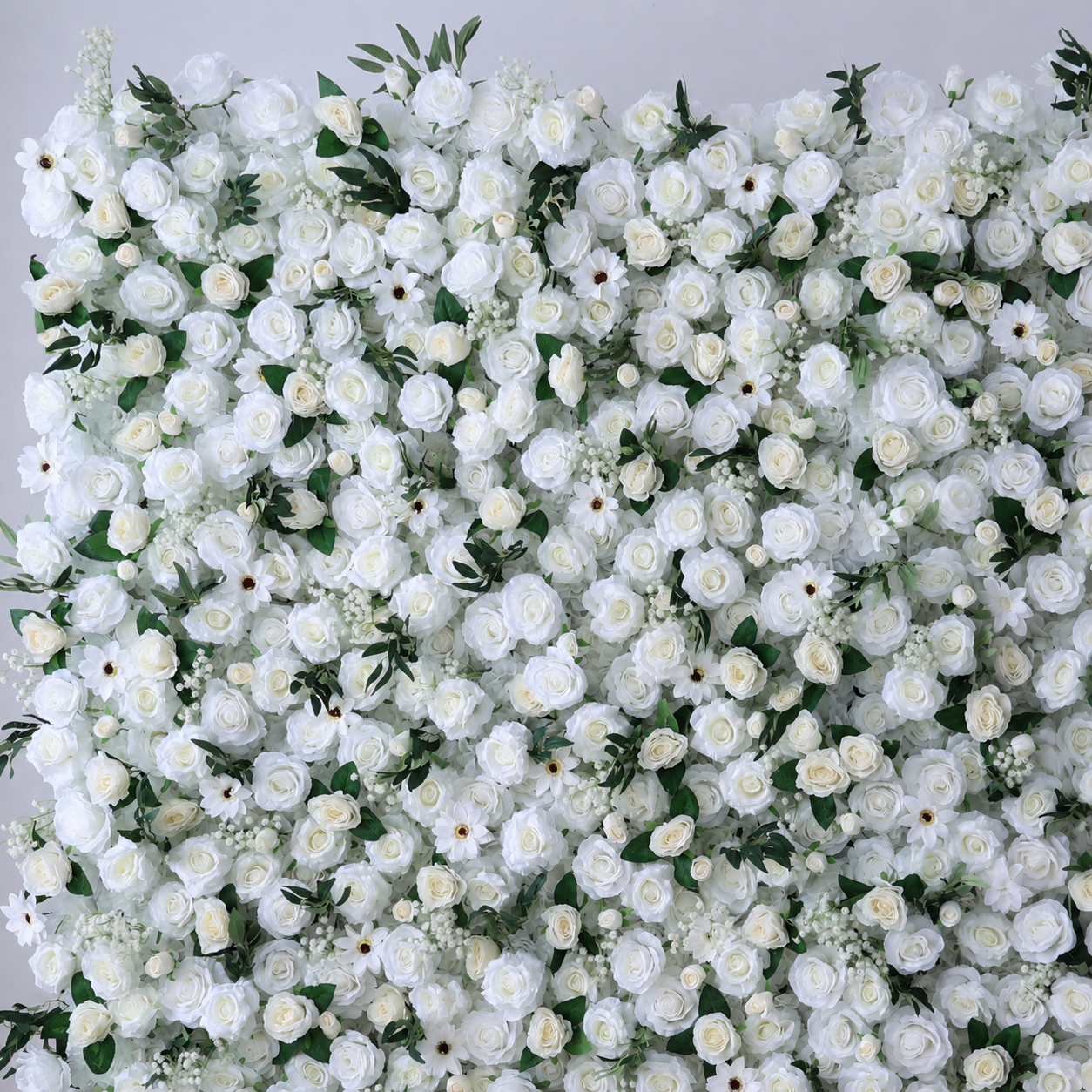 Artificial White Rose Flower Wall Backdrop with Greenery, Faux Floral Wall Panels for Wedding Baby Shower Bridal Shower Birthday Party Photo Booth Decor, Stand Not Included, 10x 10ft