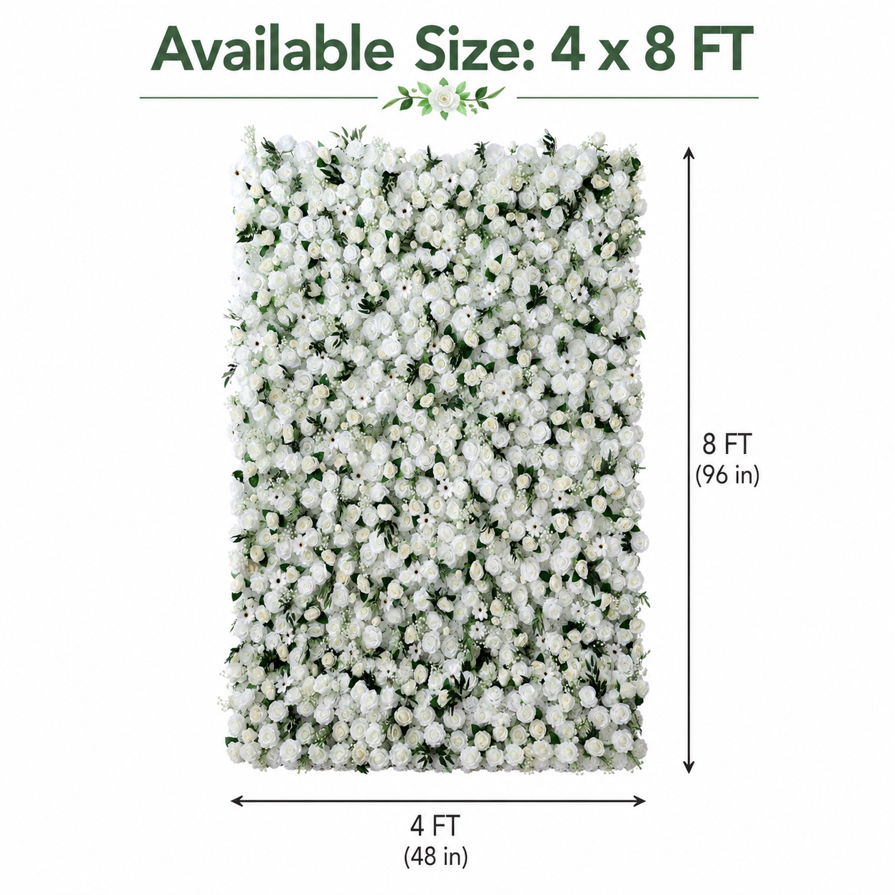 Artificial White Rose Flower Wall Backdrop with Greenery, Faux Floral Wall Panels for Wedding Baby Shower Bridal Shower Birthday Party Photo Booth Decor, Stand Not Included,  4 x 8 ft  8 x 8 ft  10 x10 ft