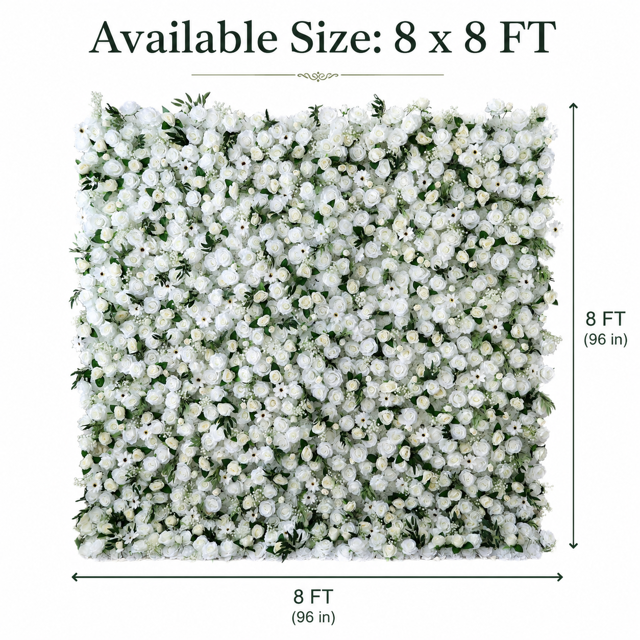 Artificial White Rose Flower Wall Backdrop with Greenery, Faux Floral Wall Panels for Wedding Baby Shower Bridal Shower Birthday Party Photo Booth Decor, Stand Not Included,  4 x 8 ft  8 x 8 ft  10 x10 ft