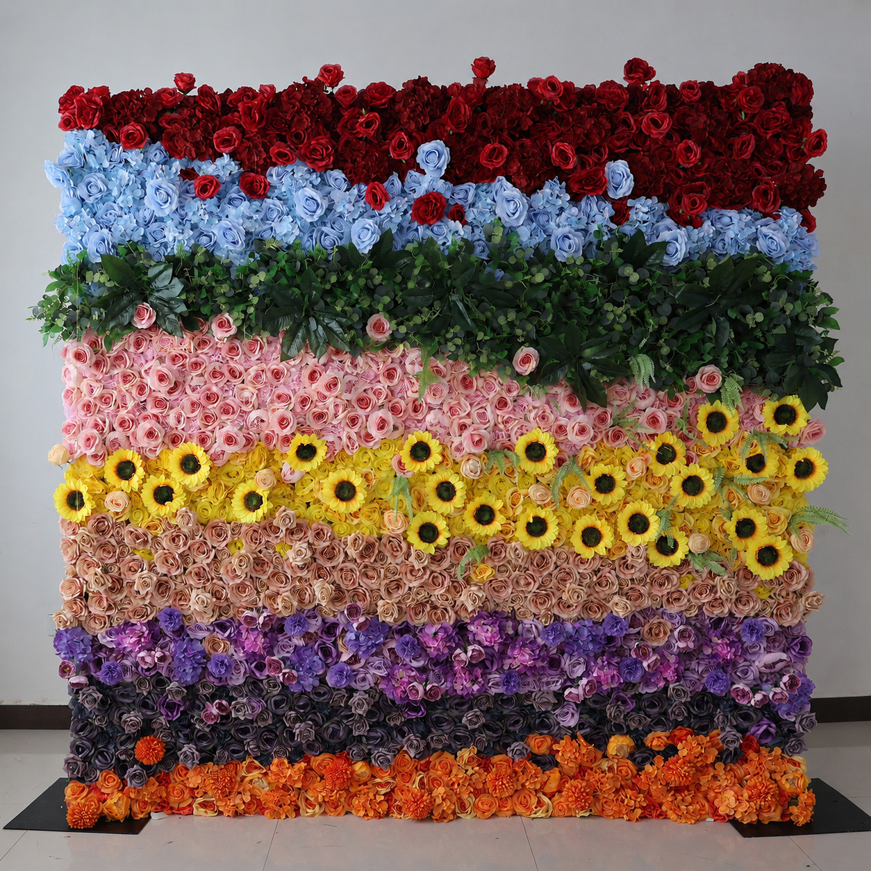 Artificial Rainbow Rose Sunflower Flower Wall Backdrop with Greenery, Multicolor Faux Floral Panels for Wedding Baby Shower Birthday Party Photo Booth Decor, Stand Not Included, 4x8ft 8x8ft 10x10ft