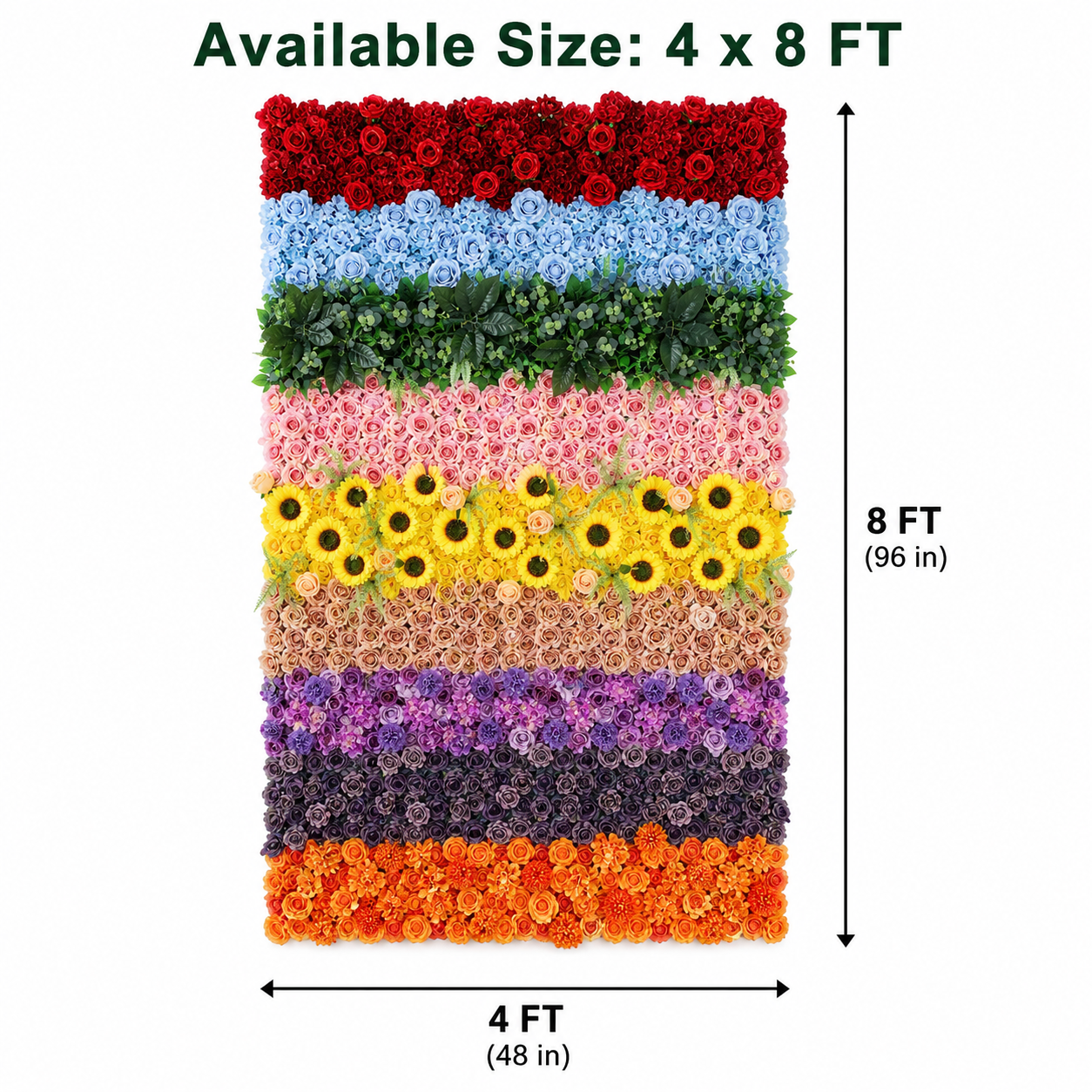 Artificial Rainbow Rose Sunflower Flower Wall Backdrop with Greenery, Multicolor Faux Floral Panels for Wedding Baby Shower Birthday Party Photo Booth Decor, Stand Not Included, 4x8ft 8x8ft 10x10ft