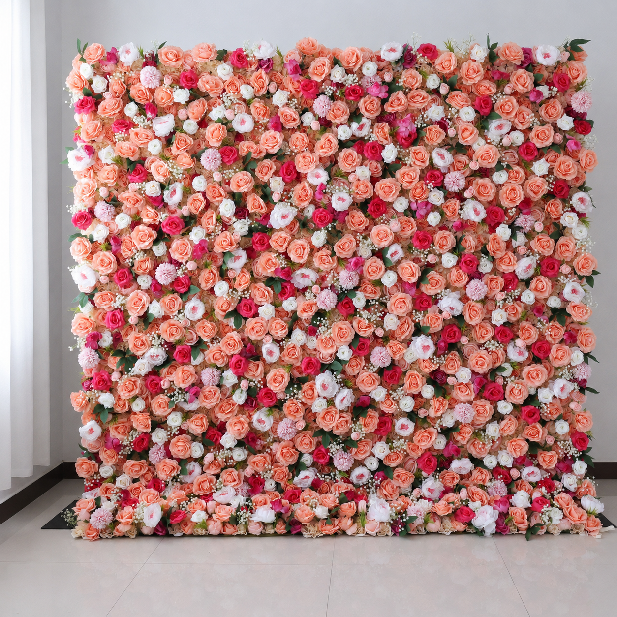 Coral Peach Rose Flower Wall Backdrop, Foldable Panels, No Stand, 4x8 ft