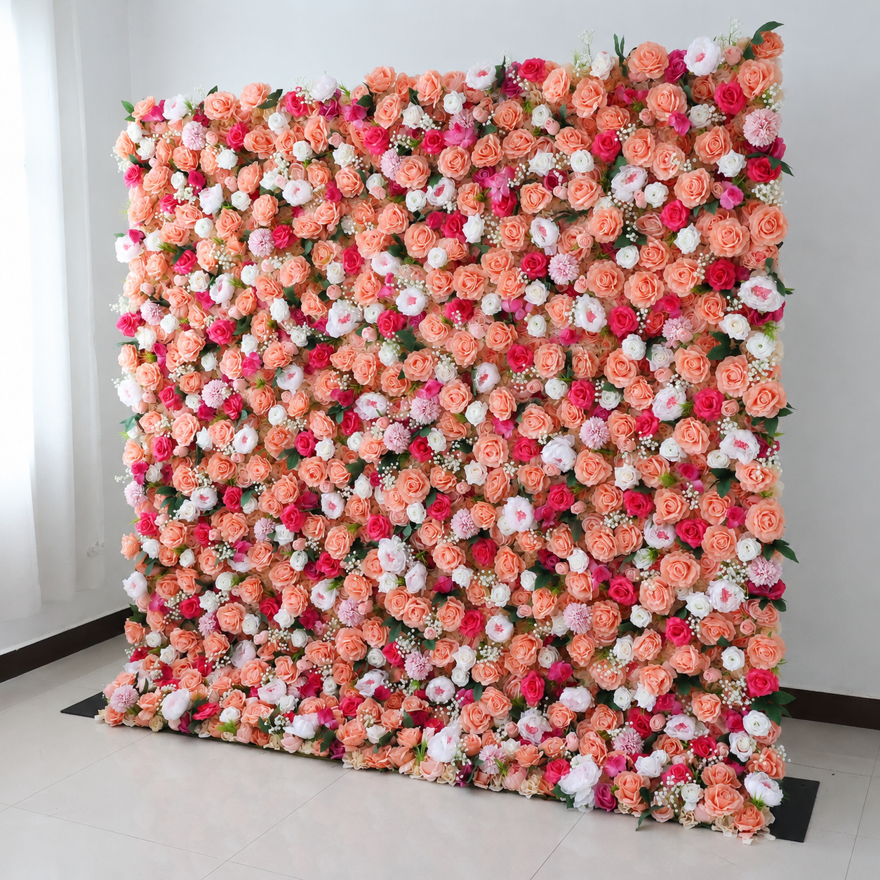 Coral Peach Rose Flower Wall Backdrop, Foldable Panels, No Stand, 4x8 ft