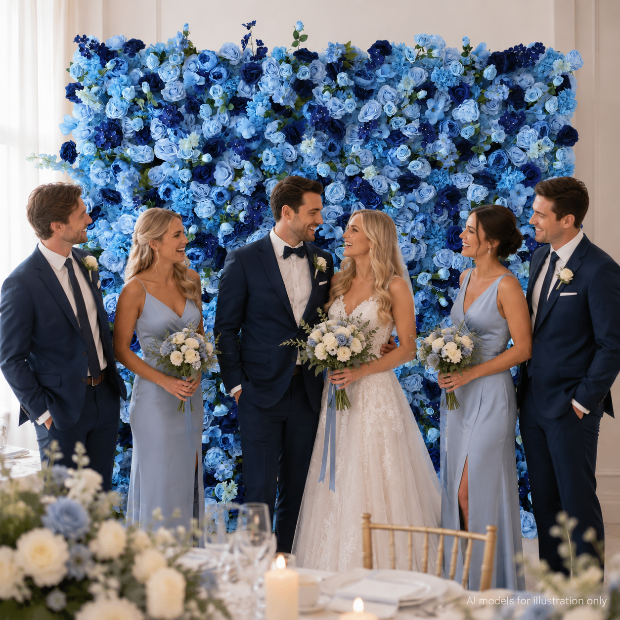 BrandName 4x8ft 8x8ft 10x10ft Light Blue Navy Artificial Flower Wall Backdrop No Stand