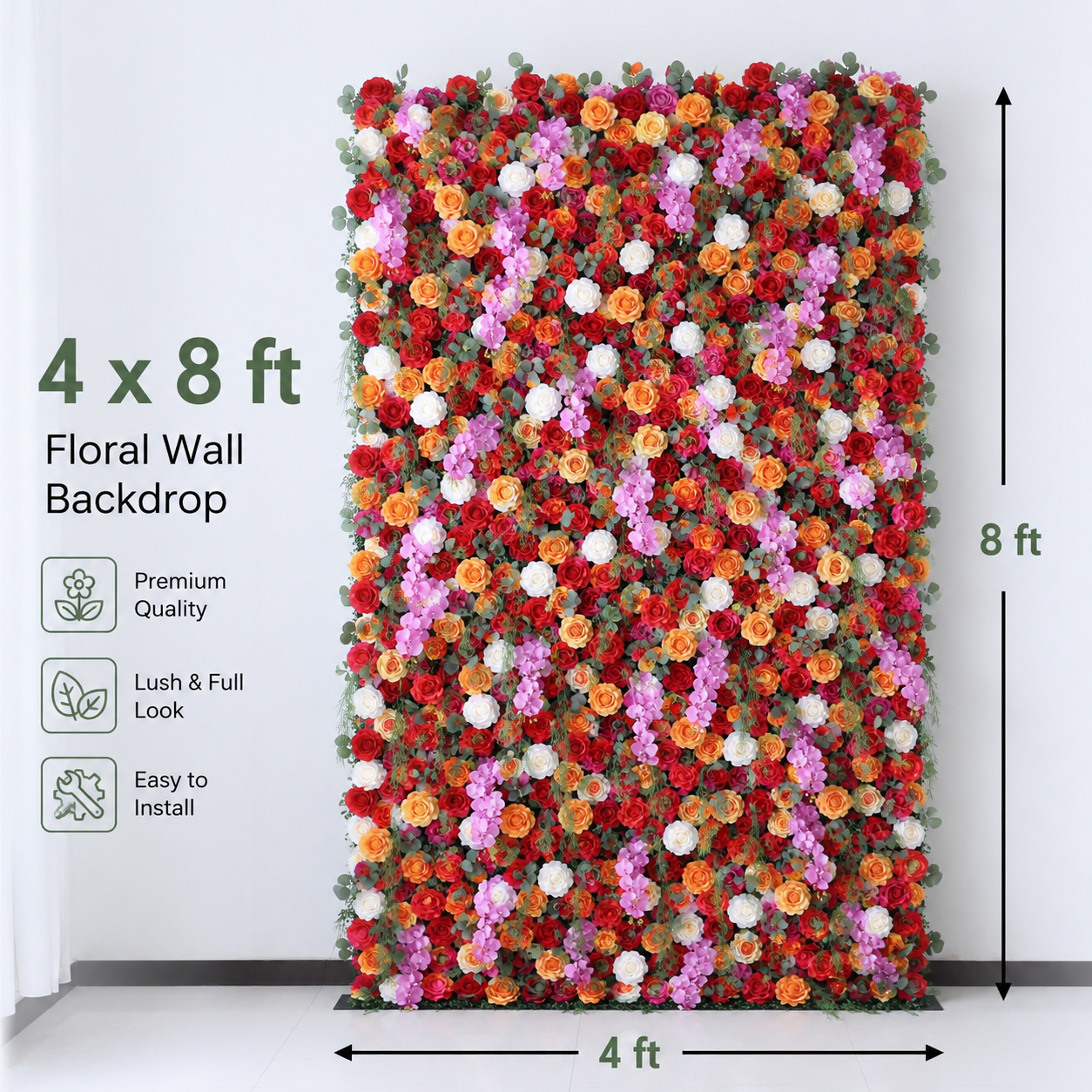 4x8ft 8x8ft 10x10ft  Red Orange Pink Faux Flower Wall Backdrop No Stand