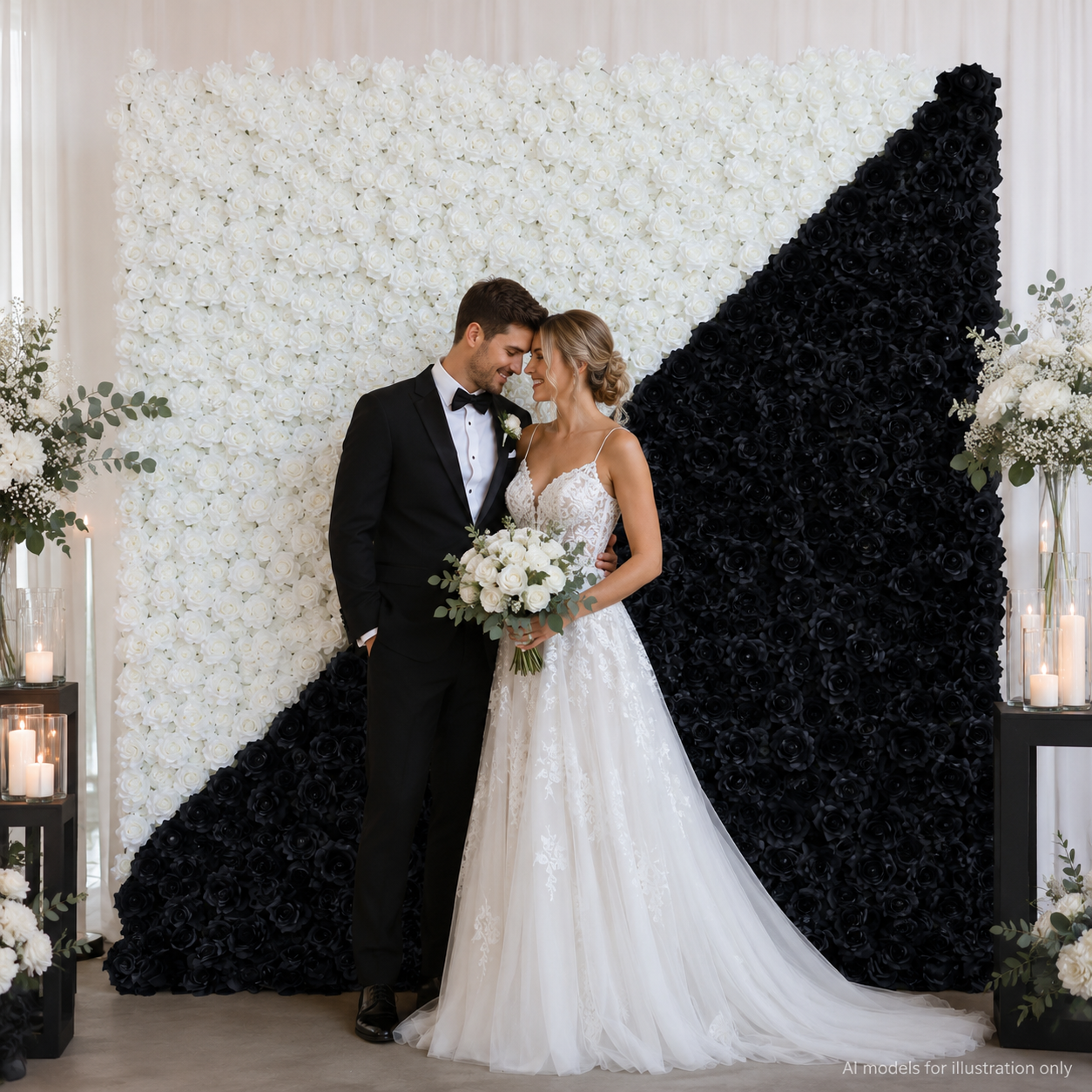 Black and White Artificial Rose Flower Wall Backdrop 4x8ft 8x8ft 10x10ft