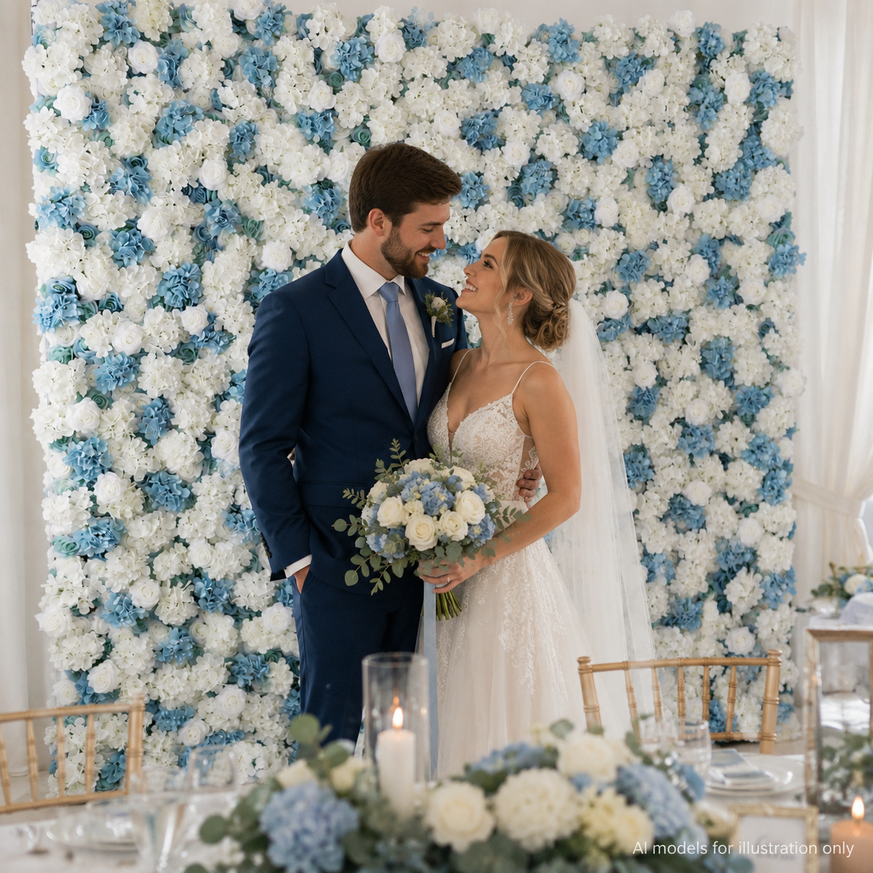 Dusty Blue and White Artificial Flower Wall Backdrop, 4 x 8 ft 8x8ft 10x10ft