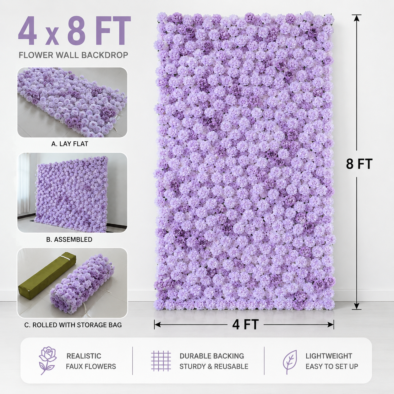 Lavender Artificial Rose Flower Wall Backdrop, 4  x 8 ft  8 x 8ft. 10 x 10ft