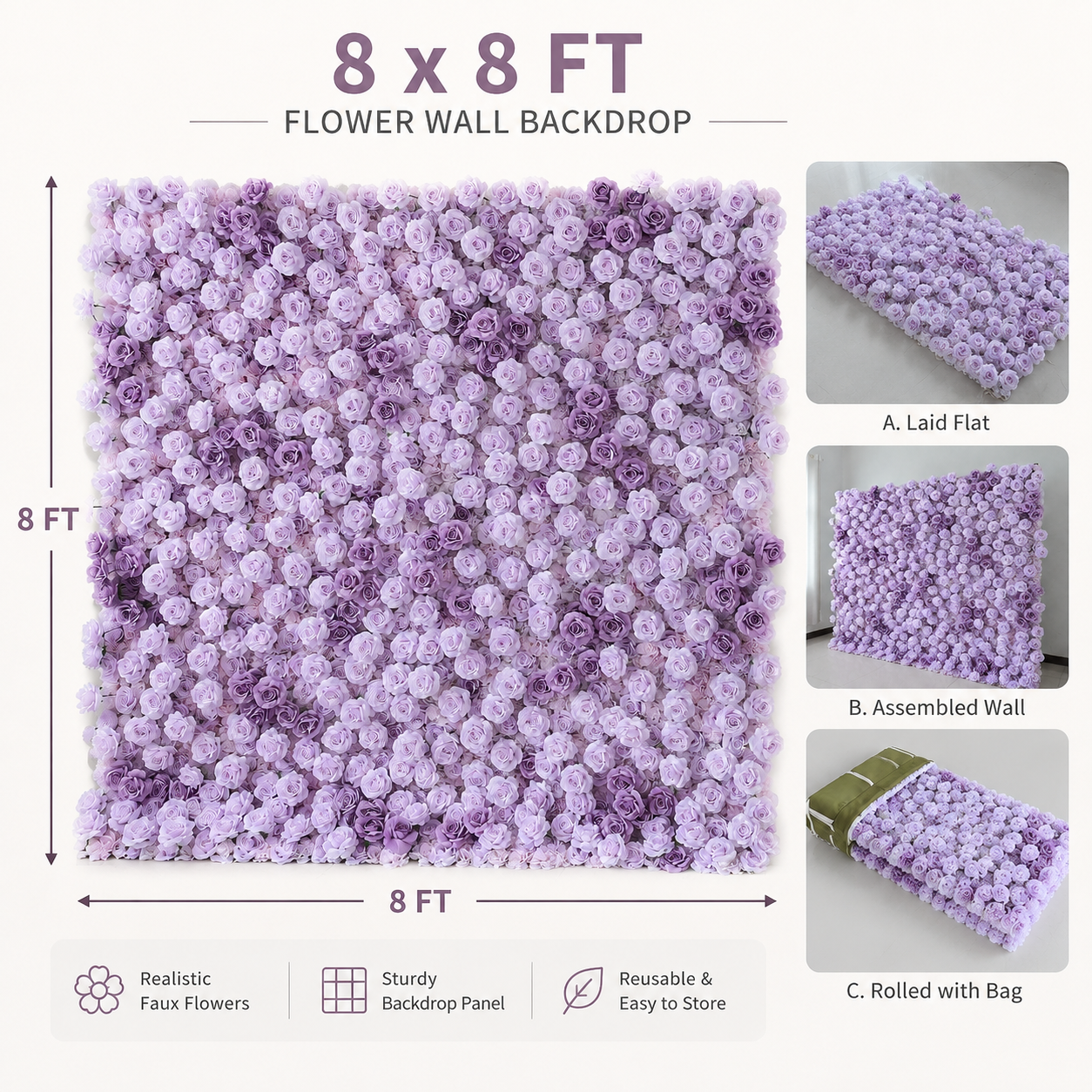 Lavender Artificial Rose Flower Wall Backdrop, 4  x 8 ft  8 x 8ft. 10 x 10ft
