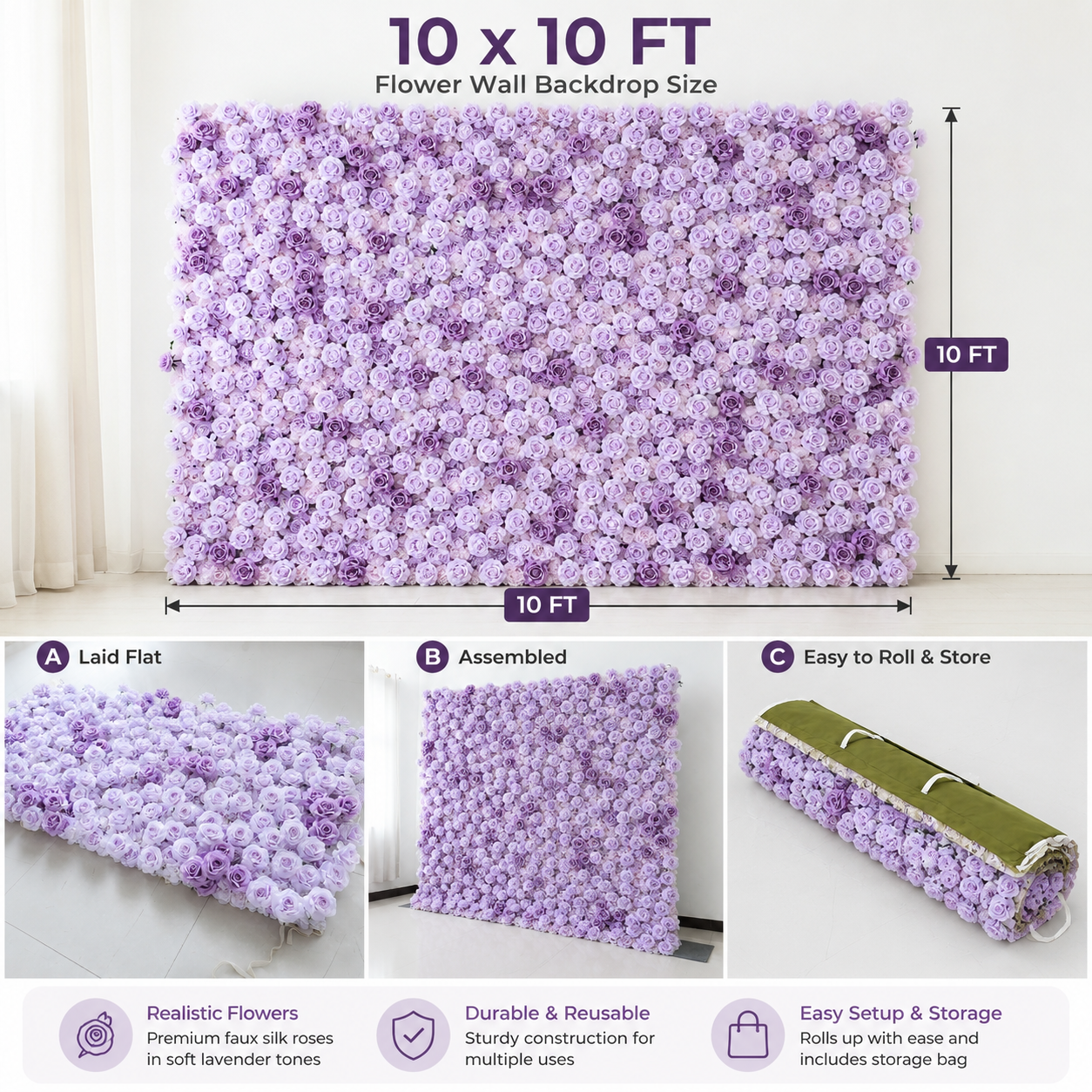 Lavender Artificial Rose Flower Wall Backdrop, 4  x 8 ft  8 x 8ft. 10 x 10ft