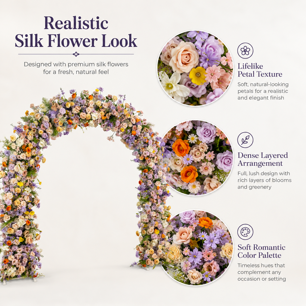 Curved Artificial Flower Arch with Stand, 94.5 x 94.5 in, Wedding Backdrop