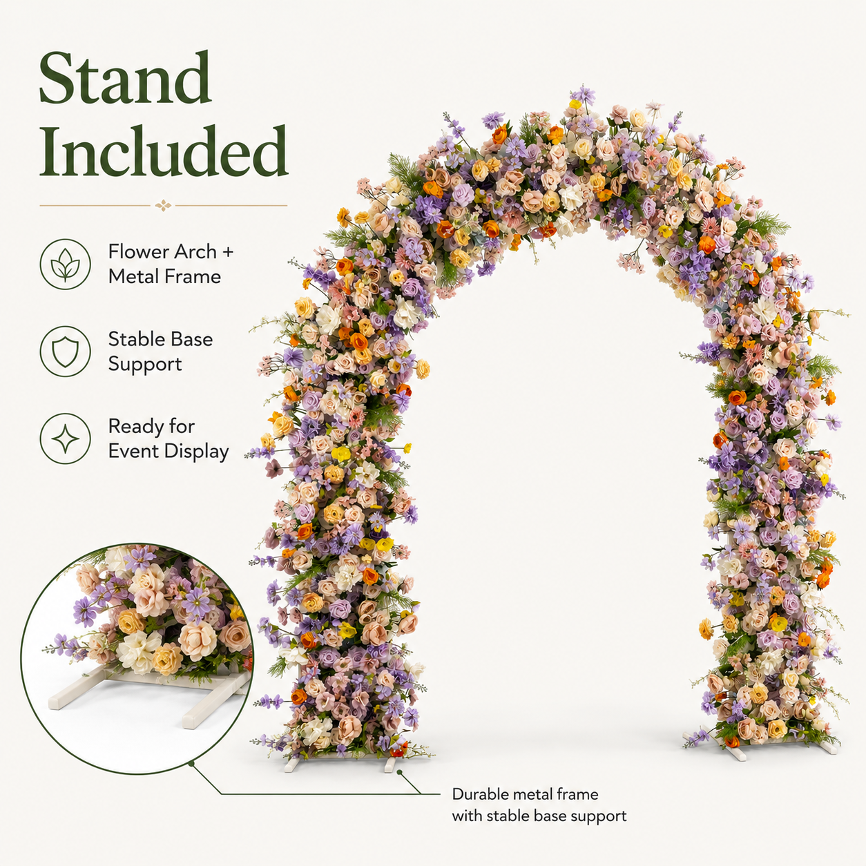 Curved Artificial Flower Arch with Stand, 94.5 x 94.5 in, Wedding Backdrop