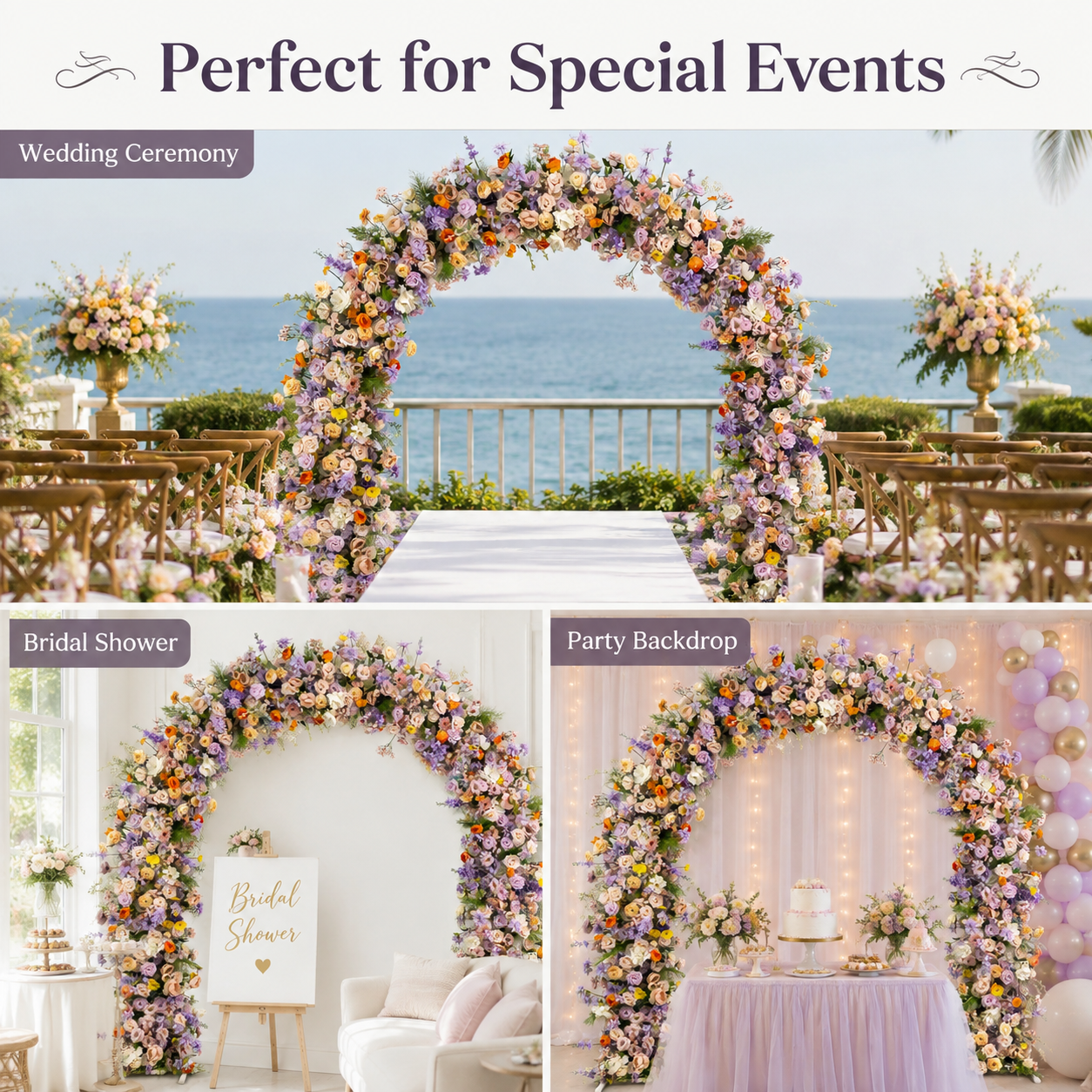 Curved Artificial Flower Arch with Stand, 94.5 x 94.5 in, Wedding Backdrop