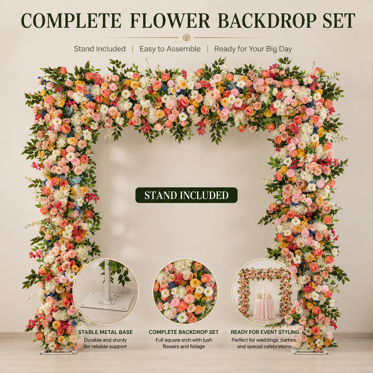 Square Artificial Flower Arch 94.5 in with Metal Stand, Wedding Backdrop