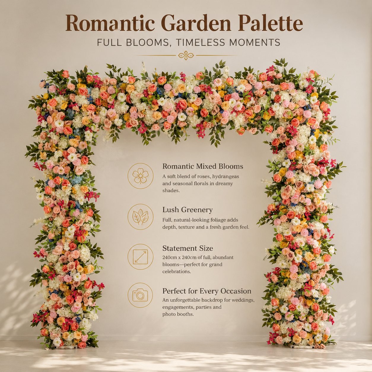 Square Artificial Flower Arch 94.5 in with Metal Stand, Wedding Backdrop