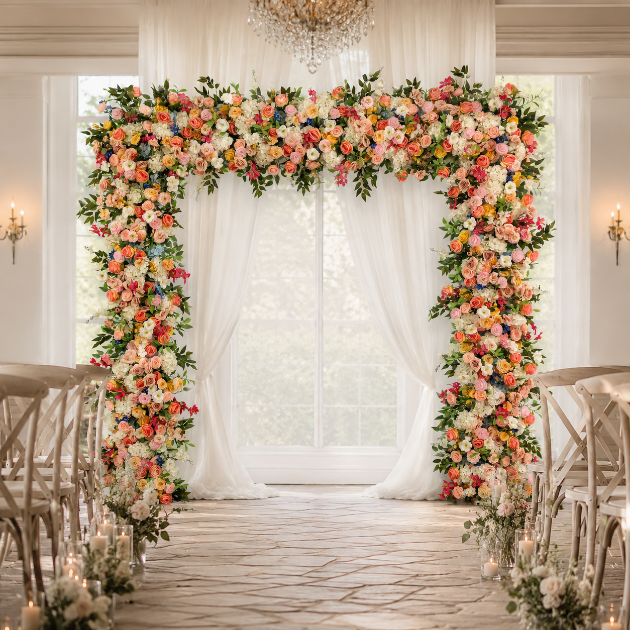 Square Artificial Flower Arch 94.5 in with Metal Stand, Wedding Backdrop