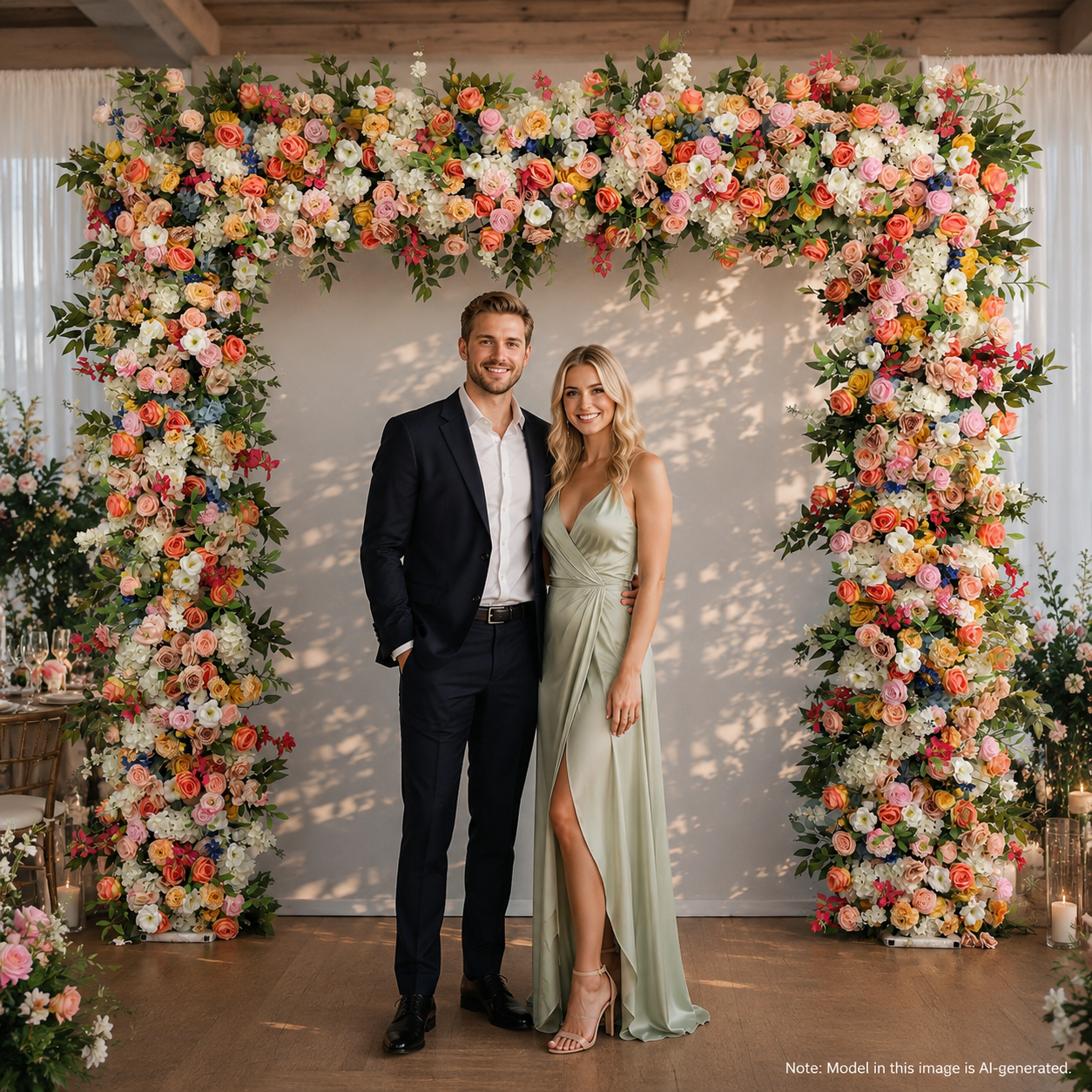 Square Artificial Flower Arch 94.5 in with Metal Stand, Wedding Backdrop