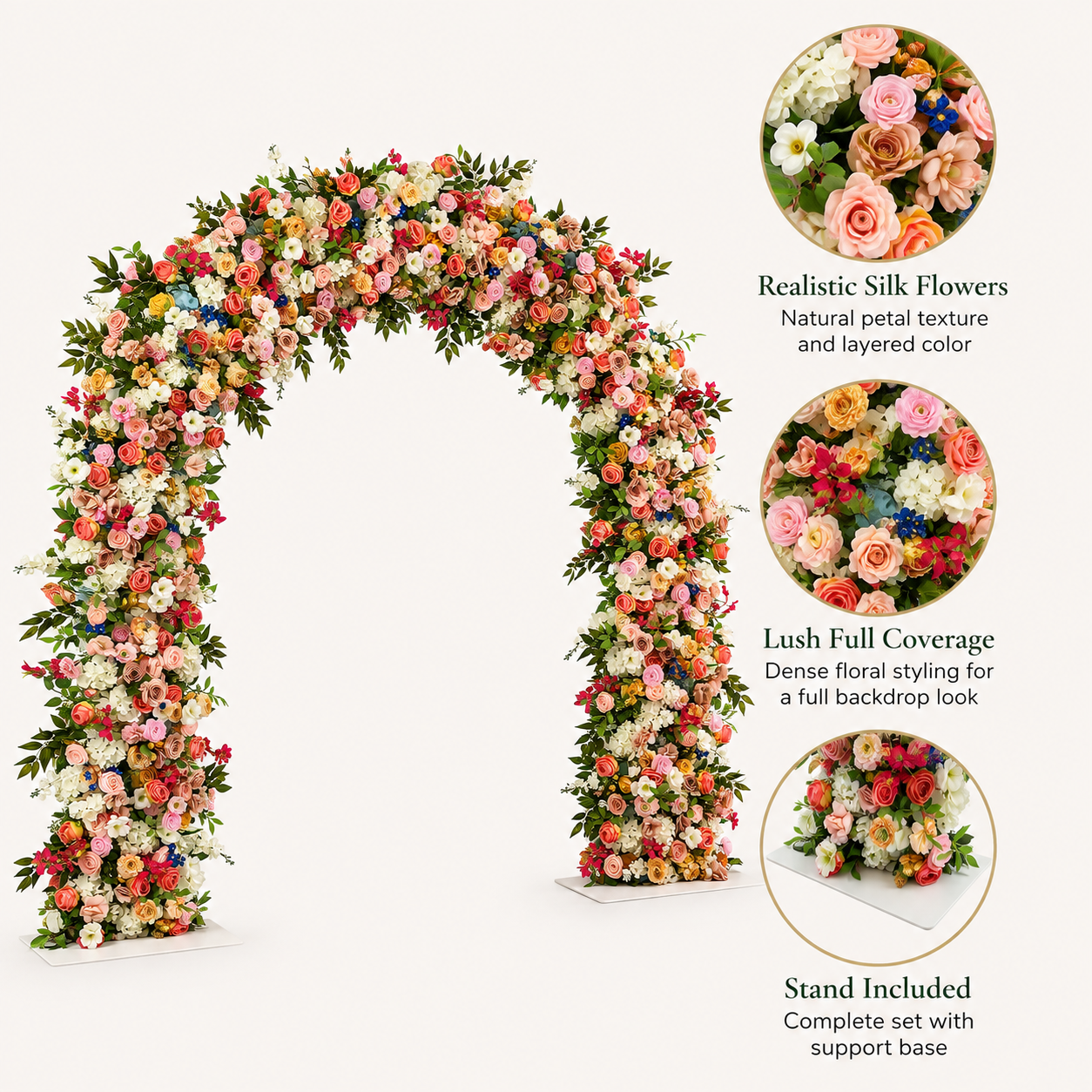 Curved Artificial Flower Arch 94.5 in with Metal Stand, Wedding Backdrop