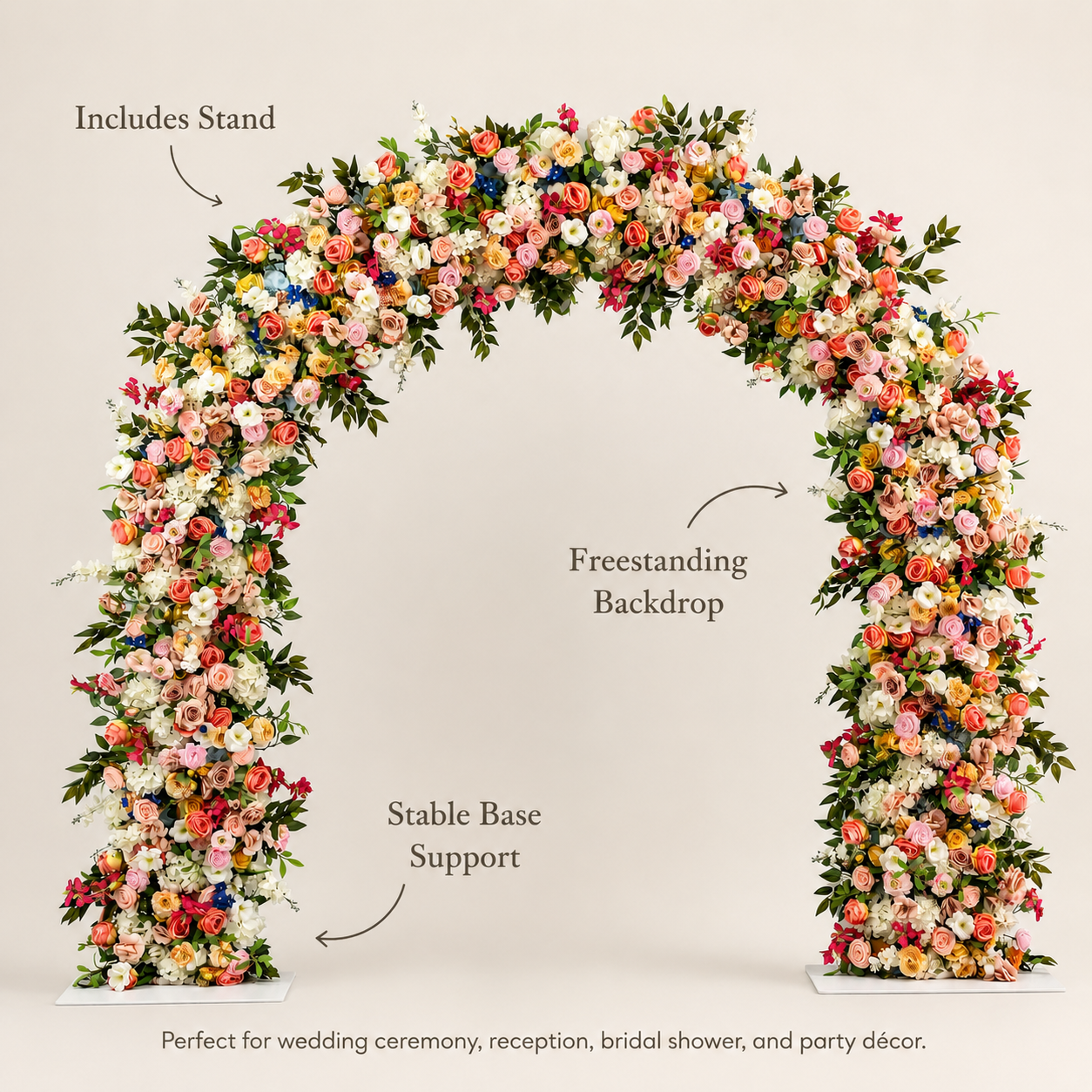 Curved Artificial Flower Arch 94.5 in with Metal Stand, Wedding Backdrop
