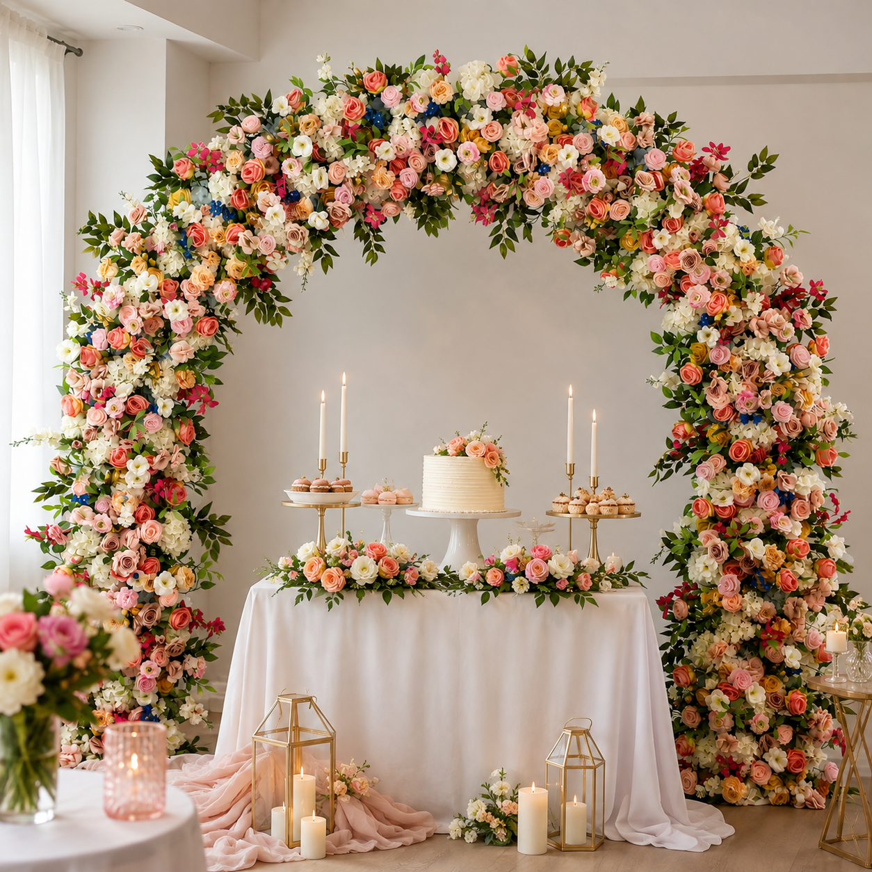 Curved Artificial Flower Arch 94.5 in with Metal Stand, Wedding Backdrop