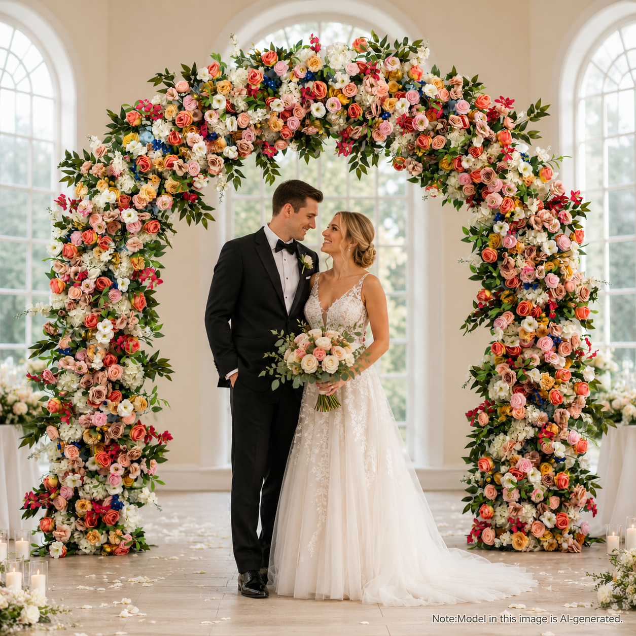 Curved Artificial Flower Arch 94.5 in with Metal Stand, Wedding Backdrop