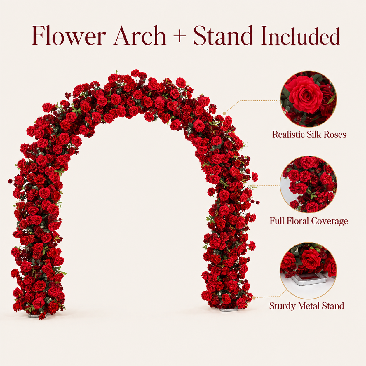 Curved Red Rose Flower Arch 94.5 in with Stand, Wedding Backdrop