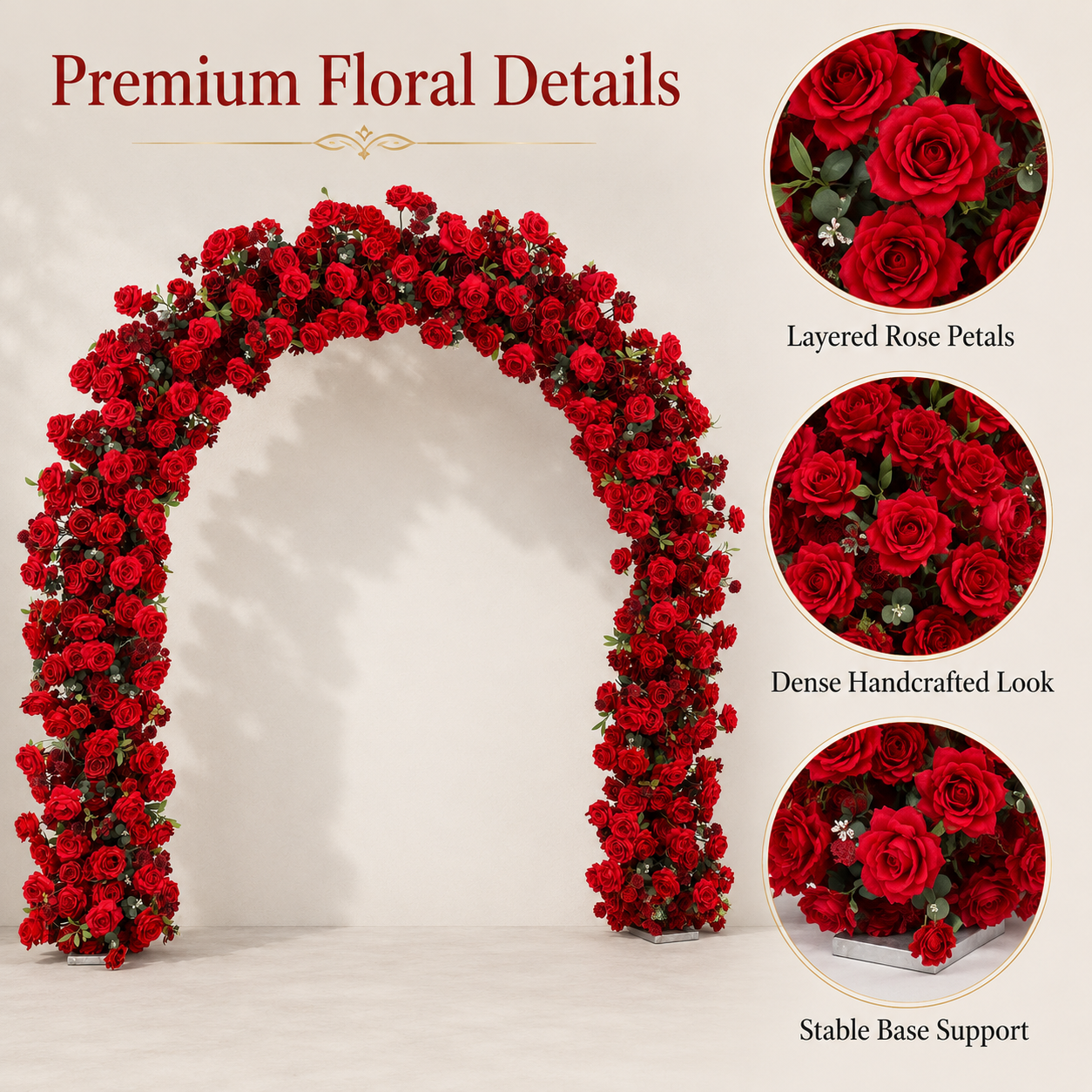 Curved Red Rose Flower Arch 94.5 in with Stand, Wedding Backdrop