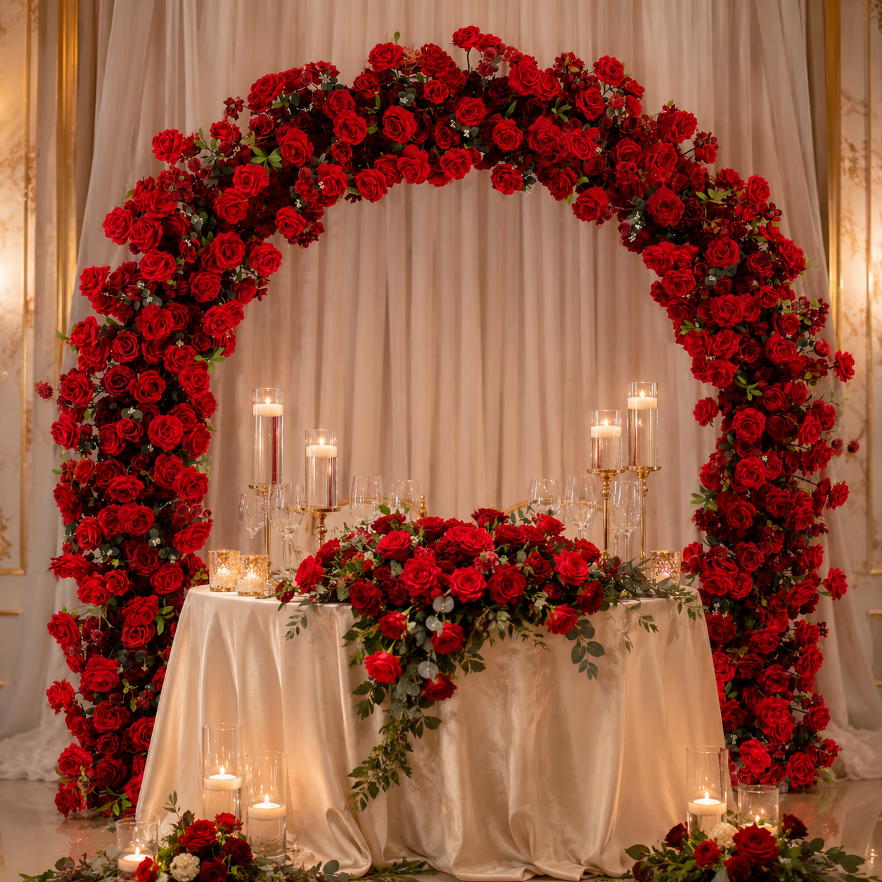 Curved Red Rose Flower Arch 94.5 in with Stand, Wedding Backdrop