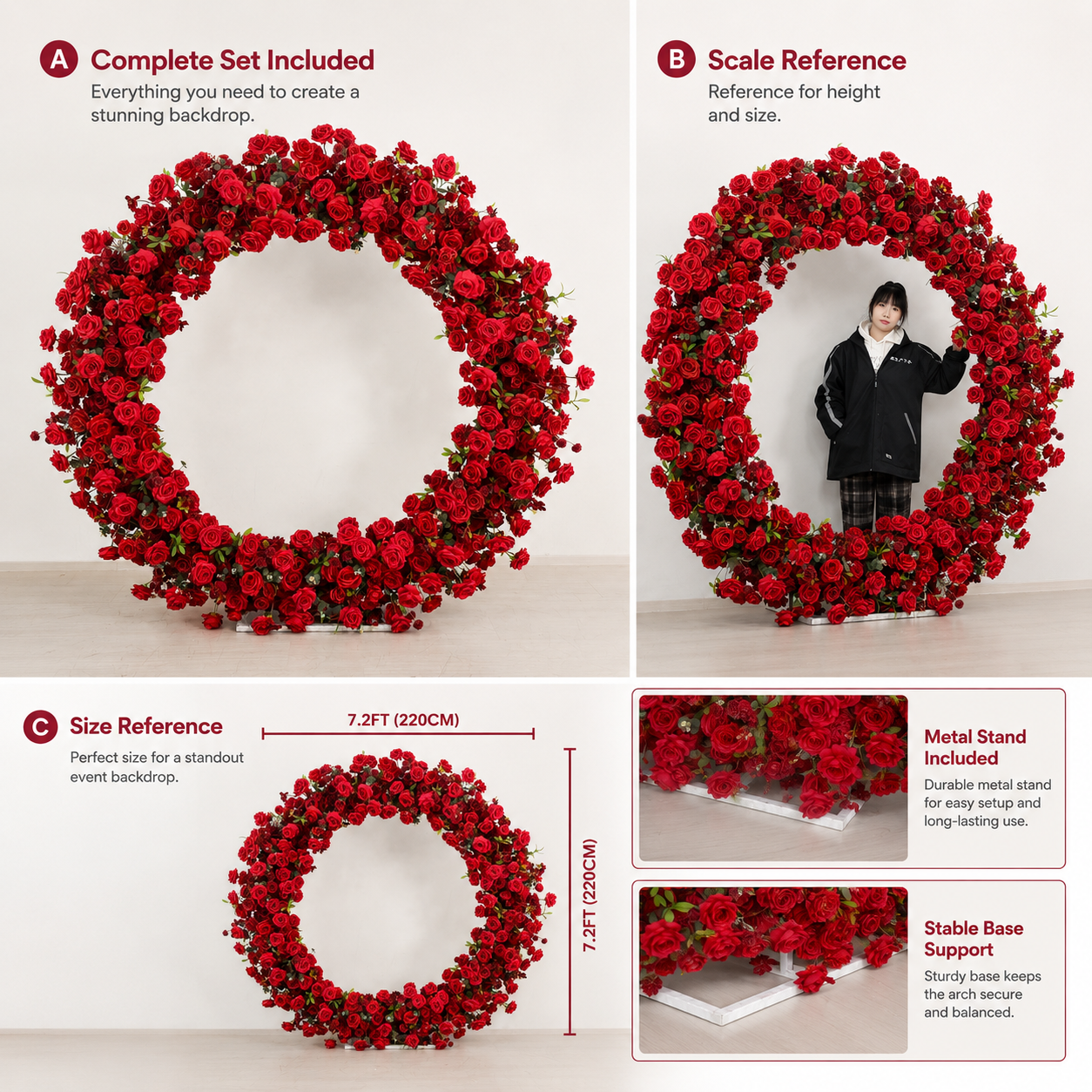 Round Red Rose Flower Arch 86.6 in with Stand, Event Backdrop