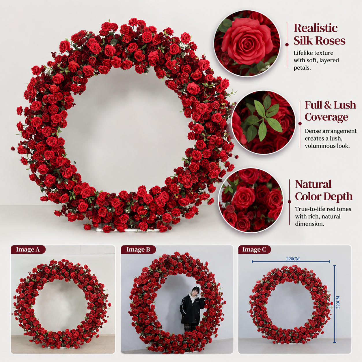 Round Red Rose Flower Arch 86.6 in with Stand, Event Backdrop