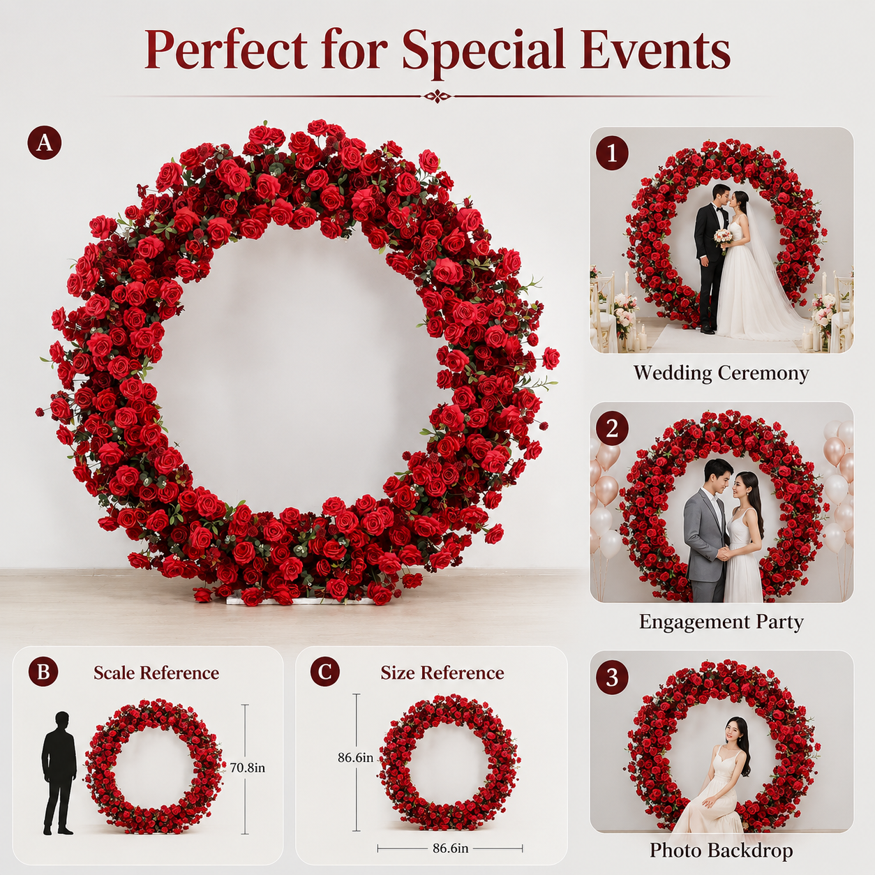 Round Red Rose Flower Arch 86.6 in with Stand, Event Backdrop