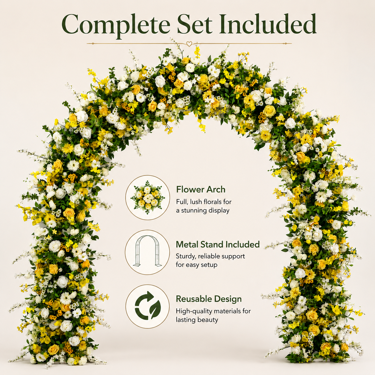 Curved Yellow & White Flower Arch 94.5 in with Stand, Wedding Backdrop