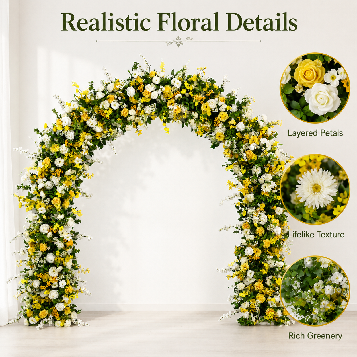 Curved Yellow & White Flower Arch 94.5 in with Stand, Wedding Backdrop