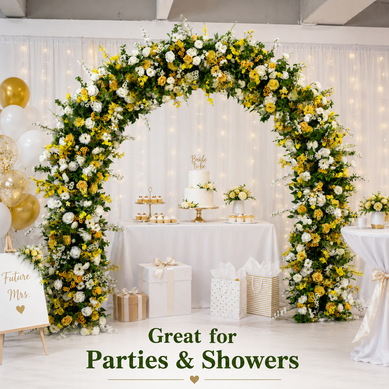 Curved Yellow & White Flower Arch 94.5 in with Stand, Wedding Backdrop