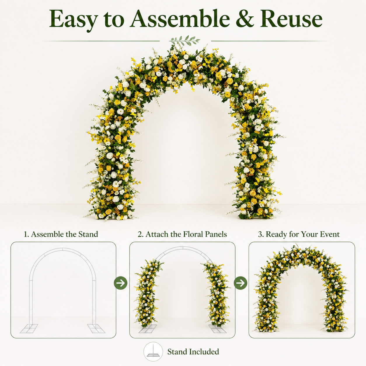 Curved Yellow & White Flower Arch 94.5 in with Stand, Wedding Backdrop