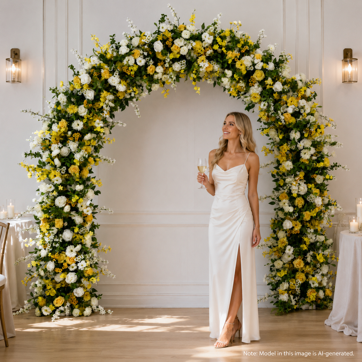 Curved Yellow & White Flower Arch 94.5 in with Stand, Wedding Backdrop