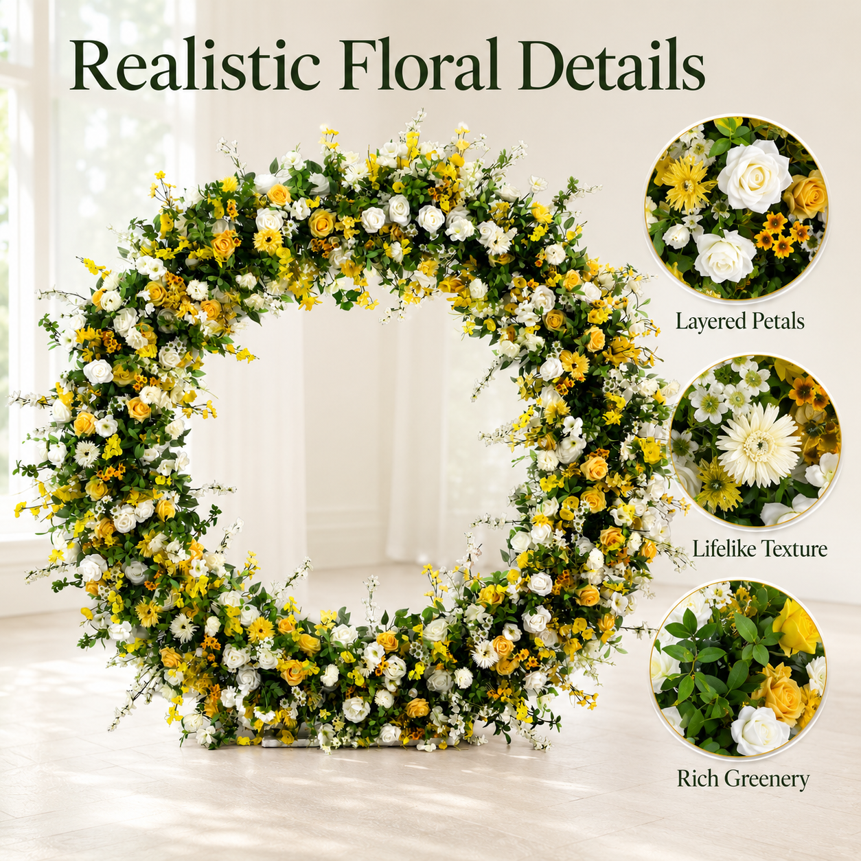 Round Yellow & White Flower Arch 86.6 in with Stand, Event Backdrop