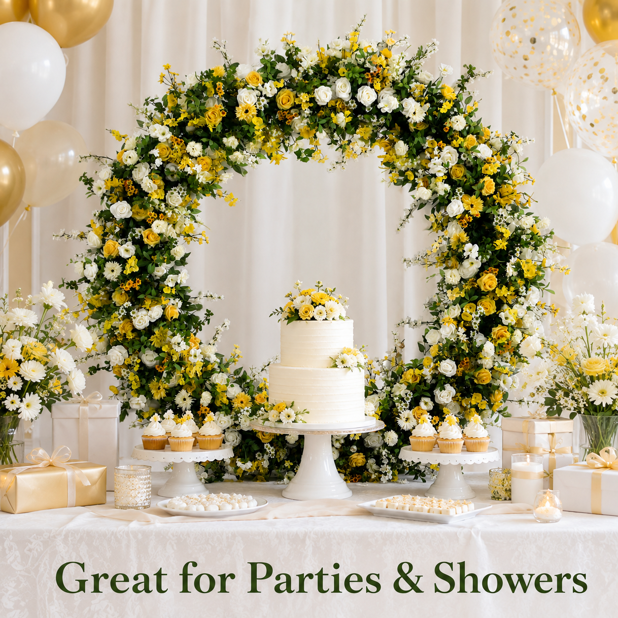 Round Yellow & White Flower Arch 86.6 in with Stand, Event Backdrop