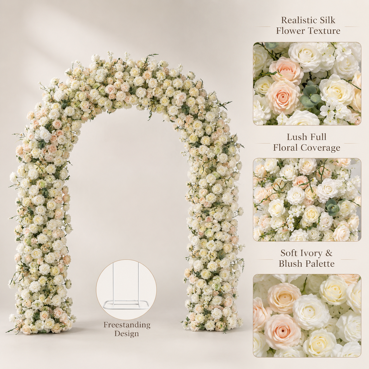 Curved Ivory & Blush Flower Arch 94.5 in with Stand, Wedding Backdrop