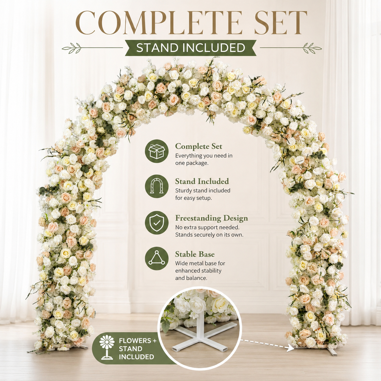 Curved Ivory & Blush Flower Arch 94.5 in with Stand, Wedding Backdrop