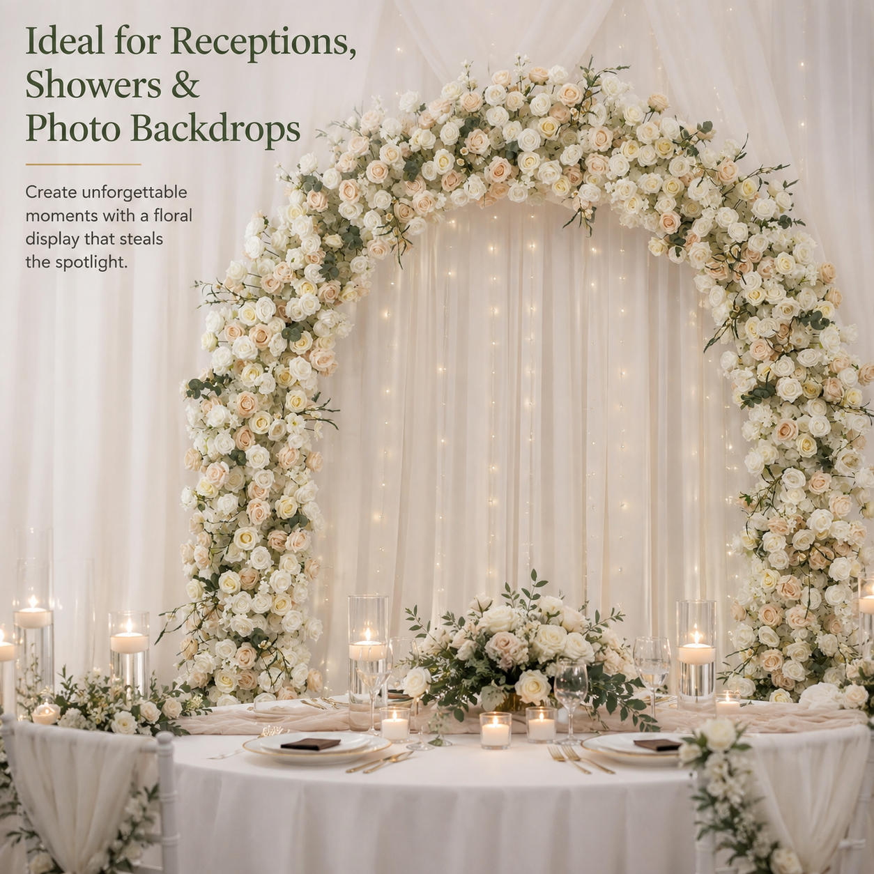 Curved Ivory & Blush Flower Arch 94.5 in with Stand, Wedding Backdrop