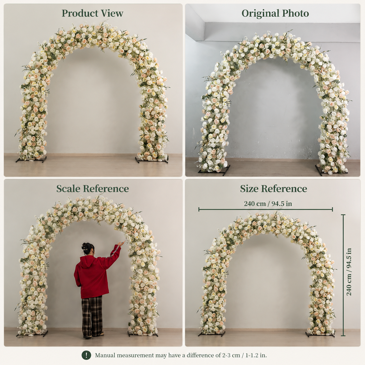 Curved Ivory & Blush Flower Arch 94.5 in with Stand, Wedding Backdrop